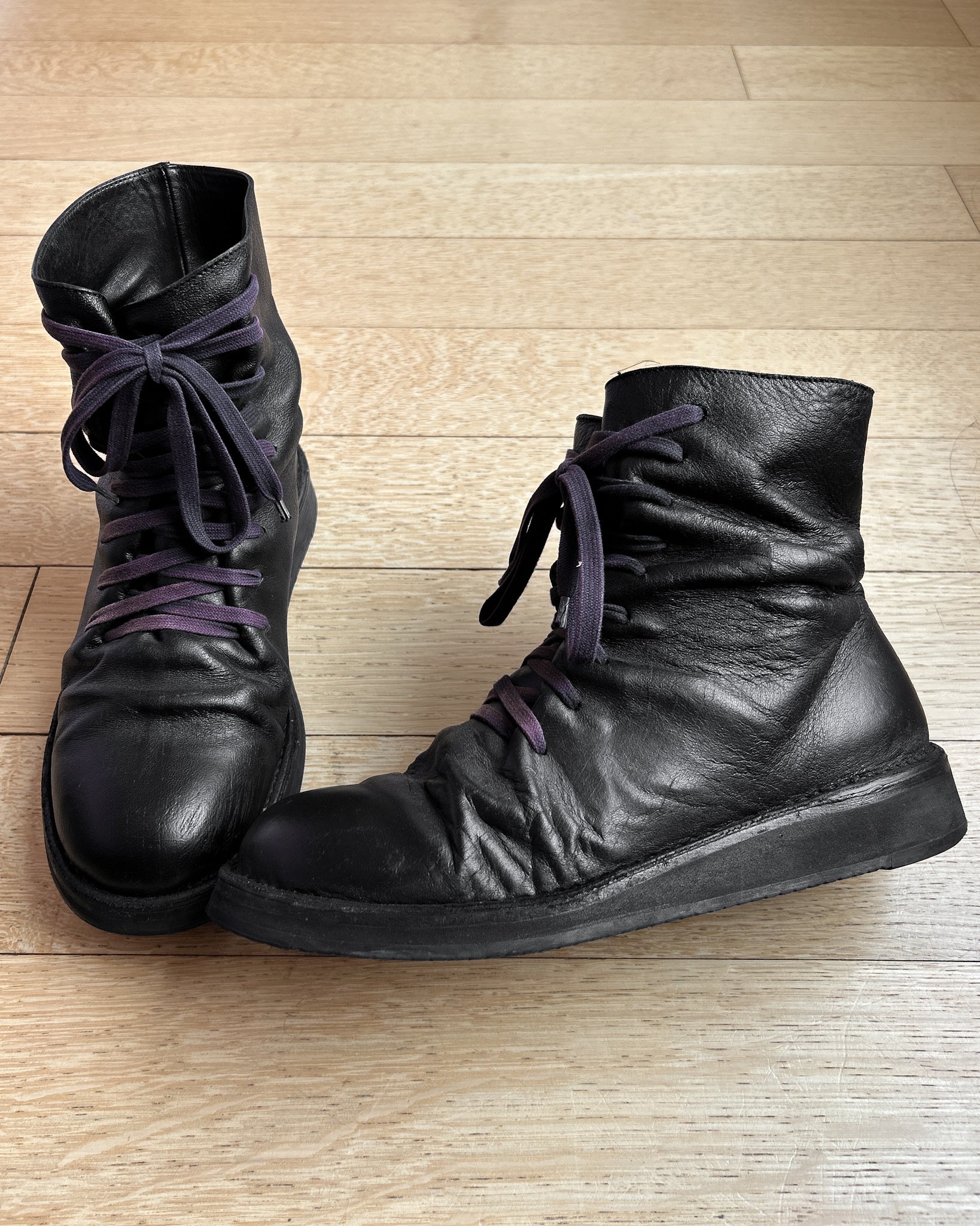 Kris Van Assche Leather High Tops with Purple Laces