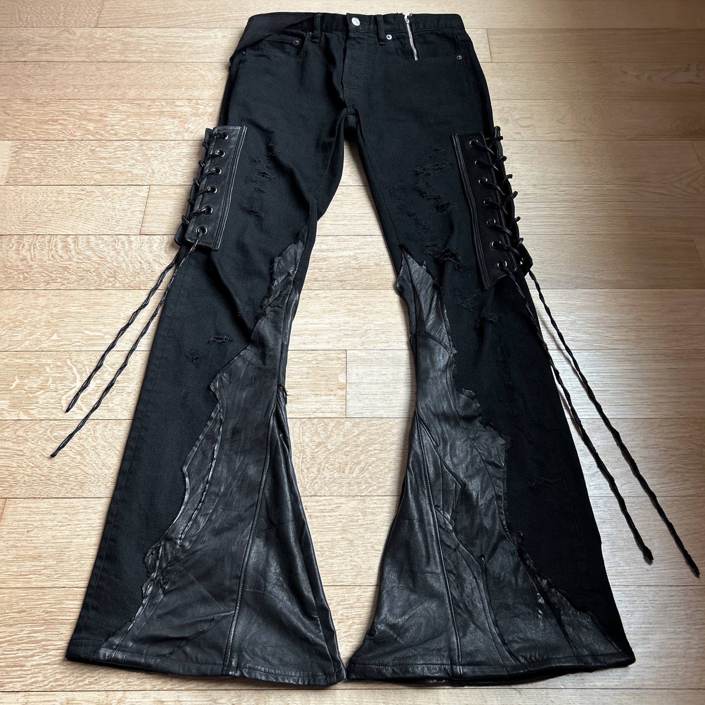 Shohei Takamiya “Hybrid” Distressed Flared Jeans with Lambskin Panels