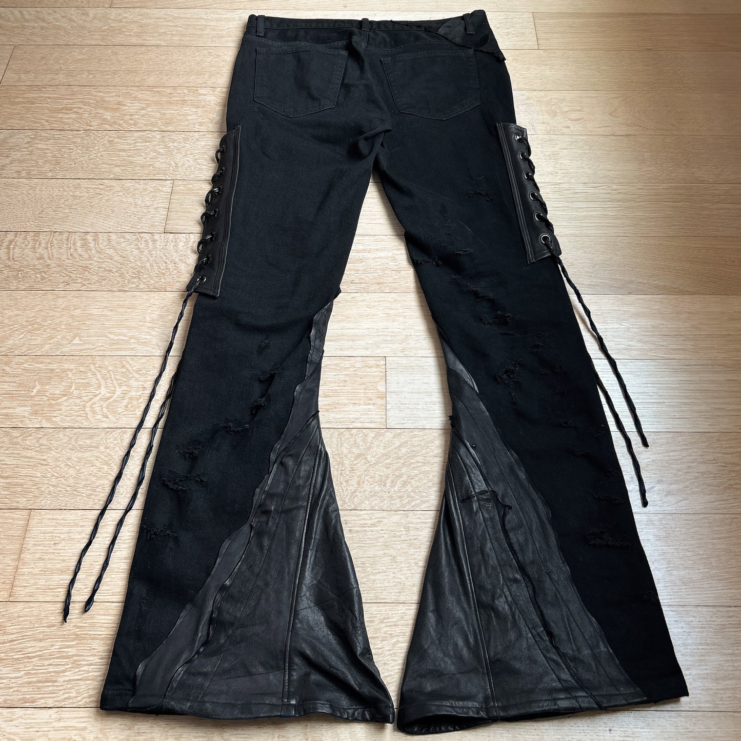 Shohei Takamiya “Hybrid” Distressed Flared Jeans with Lambskin Panels