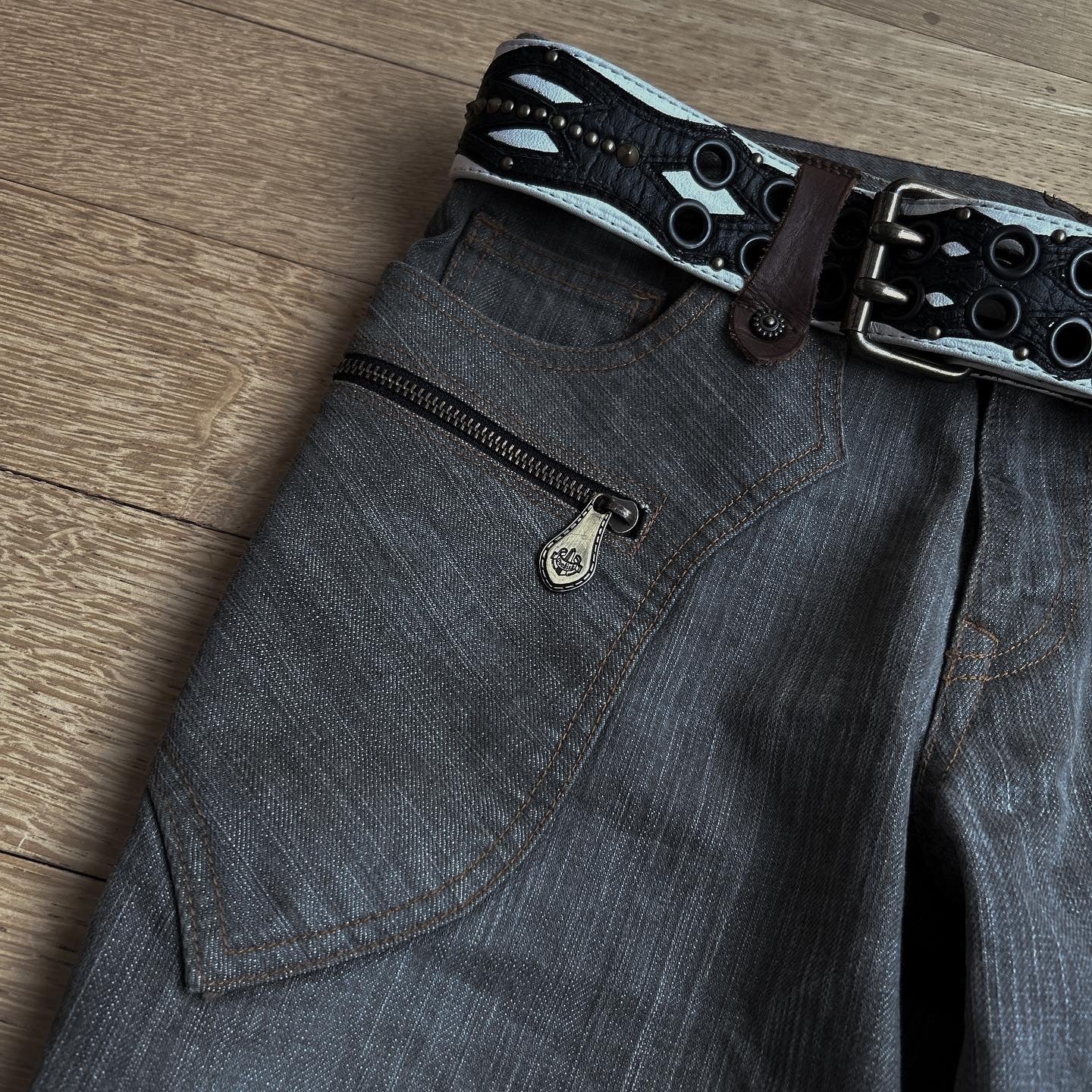 Obelisk Western Flared Jeans with Leather Backpocket